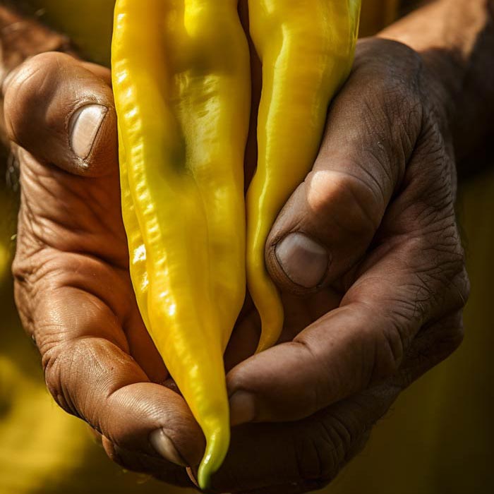 Gebräunte Hände halten sorgfältig mehrere lange, reife Aji Amarillo Chilischoten, die sich durch ihre leuchtend gelbe Farbe auszeichnen