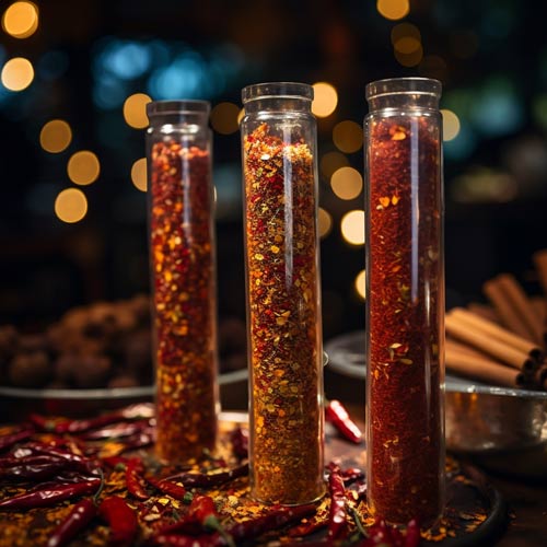 Reagenzgläser befüllt mit Chilis auf Untergrund der mit Gewürzen wie Chilis belegt ist mit elegantem Bokeh-Effekt im Hintergrund