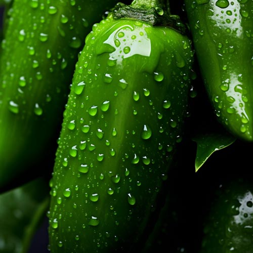 Frische grüne Jalapeno-Chilis mit Wassertropfen bedeckt, glänzen lebhaft vor einem dunklen Hintergrund.