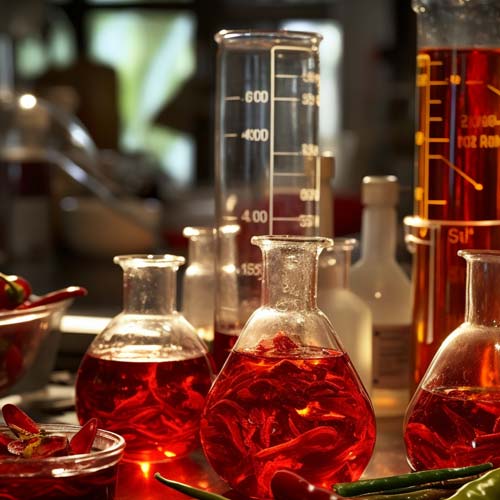 Chemische Glaswaren gefüllt mit einer roten Flüssigkeit, die Chilischoten enthalten, auf einer Arbeitsfläche, was den Prozess der Extraktion von Capsaicin veranschaulicht.